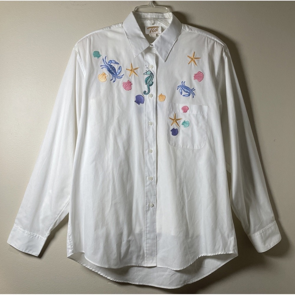 Tia Vintage 80's White Ocean Themed With Matching Tank LS Button Up Blouse Wom L